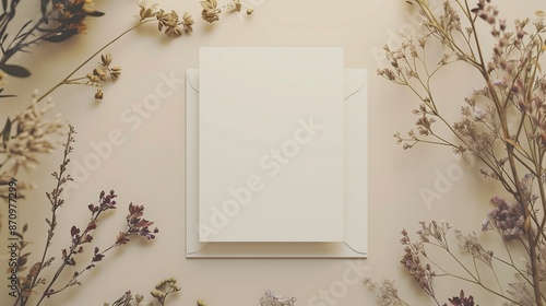 Detailed close-up of a blank white wedding invitation card mockup surrounded by carefully curated dried flowers on a subtle beige canvas.