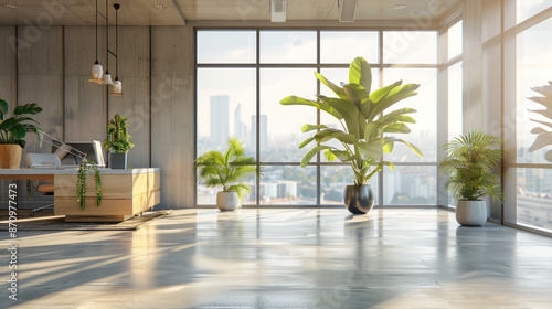 Modern, spacious office interior with large windows and natural light. The room features a variety of lush green plants, creating a bright and inspiring workspace. photo