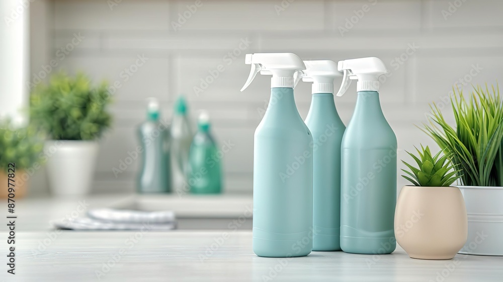 Three blue spray bottles on a kitchen counter with plants in the background. Three blue spray bottles on a kitchen counter with plants in the background.