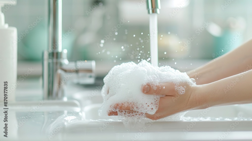 Fototapeta premium Close-up of hands washing with soap and water in a sink.