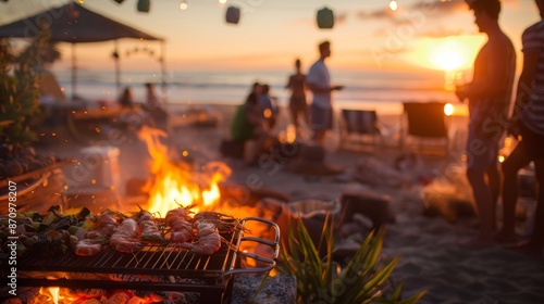 Beachside Barbecue at Sunset with Friends, Cooking Seafood and Vegetables by the Bonfire