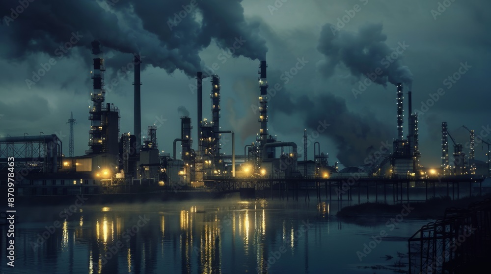 Twilight industrial scene with smokestacks and glowing lights in a realistic photograph