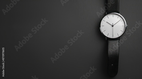 Elegant black leather watch with minimalist white dial on dark background. photo