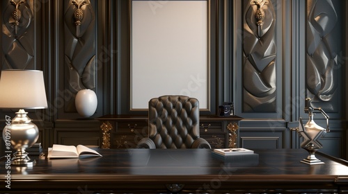 Luxurious office setting with a blank poster frame behind a high-quality boss chair, a dark wooden desk, and tasteful decor, exuding authority and style.