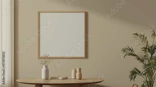 Minimalist dining room featuring a blank wall art mockup frame on a neutral-colored wall, a simple wooden table, and clean, uncluttered decor.