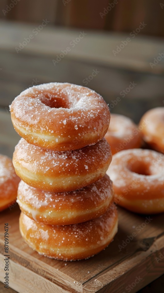 Stack of glazed doughnuts on wooden board, close-up shot Stack of glazed doughnuts on wooden board, close-up shot