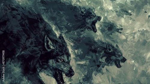 Moonlit Transformations: Aerial View of Werewolves in High Contrast Digital Art with Muted Colors