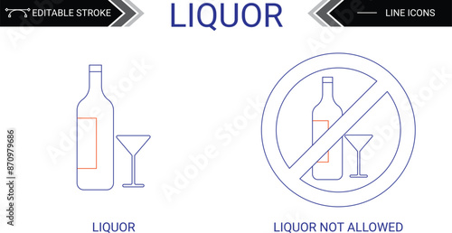 Liquor and no liquor line icon with editable stroke_Alcohol_Bottle_Template_ Safety_Symbol_Prohibition sign_Designated drinking area_Drinking permitted_Drinking not permitted_Drink_Label_Beverage