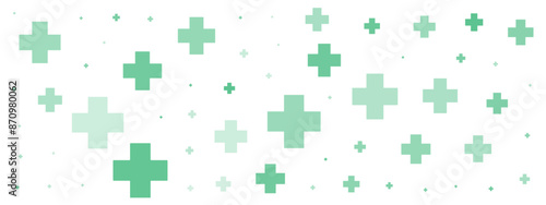 Green cross or plus symbols of different sizes and opacity on white background. Abstract pattern of blue medical cross or mathematical plus pictogram. Vector illustration on cyan background with stars