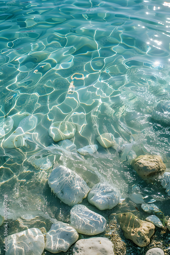 sea water waves texture ripples on water surface light blue ocean water top view clear aqua background sun glow reflection white sand bottom stones underwater tropical island beach sea water waves texture ripples on water surface light blue ocean water top view clear aqua background sun glow reflection white sand bottom stones underwater tropical island beach
