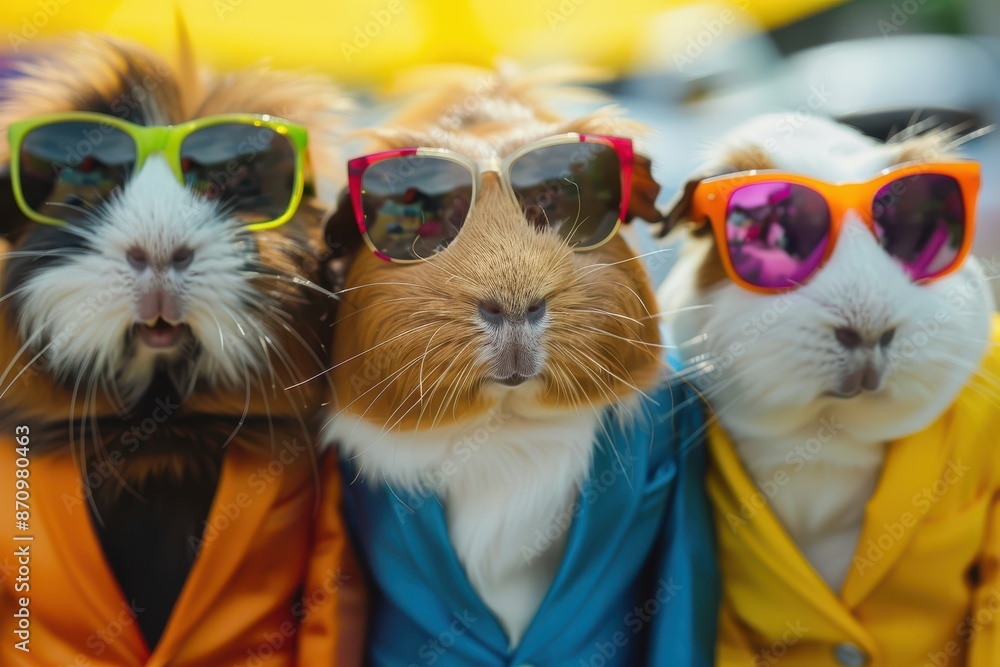 Small brown and white guinea pigs are wearing sunglasses and suits. Small brown and white guinea pigs are wearing sunglasses and suits.