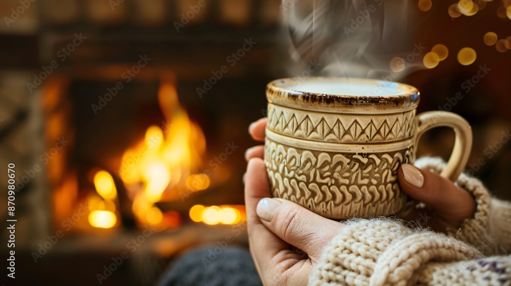 A person holding a steaming cup of tea, sitting by a cozy fireplace A person holding a steaming cup of tea, sitting by a cozy fireplace
