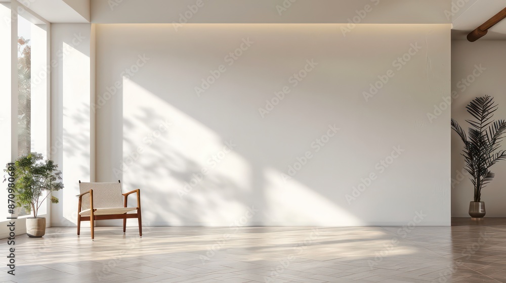 Fototapeta premium modern scandinavian interior living room with chair or sofa and blank wall, empty wall, blank canvas, copy space, bright interior