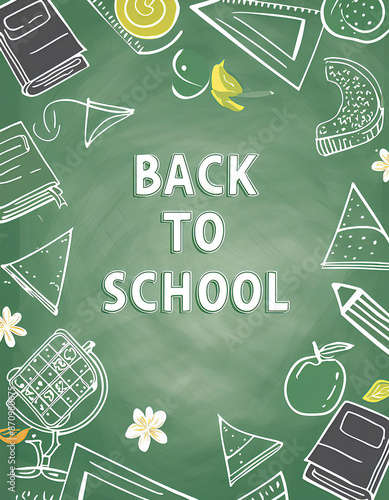 A green chalkboard with a drawing of a book, a pencil, a ruler, and a clock