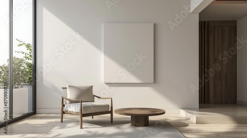 modern scandinavian interior living room with chair or sofa and blank wall  empty wall  blank canvas  copy space  bright interior