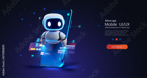 A blue charming robot character engages with a smartphone, highlighting the fusion of AI and everyday technology, ideal for themes of future innovations in robotics and mobile apps. Chat bot concept.