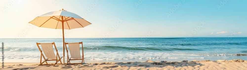 Serene beach scene with two lounge chairs and umbrella by the shore under a clear blue sky. Perfect for relaxation and vacation themes. Serene beach scene with two lounge chairs and umbrella by the shore under a clear blue sky. Perfect for relaxation and vacation themes.