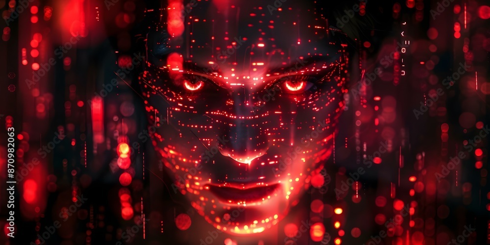 Abstract digital background depicting the concept of a menacing AI with a glowing red face. Concept AI, Digital Art, Menacing, Red Face, Abstract Background Abstract digital background depicting the concept of a menacing AI with a glowing red face. Concept AI, Digital Art, Menacing, Red Face, Abstract Background
