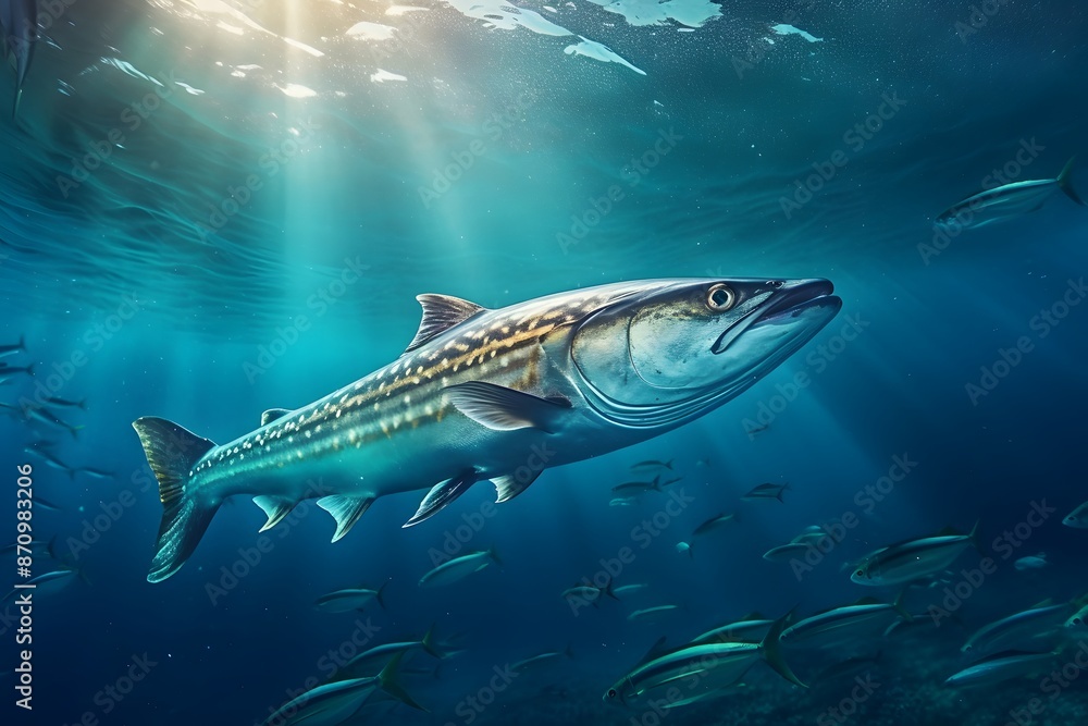 Naklejka premium Shark swimming in ocean and aquarium environment with various underwater fish and marine life