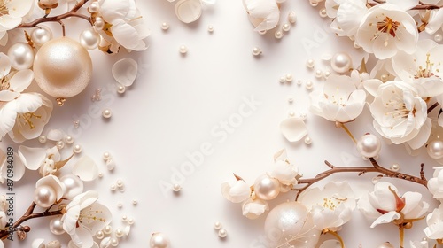 Elegant white floral composition with pearls and blossoms in bloom. © Matthew