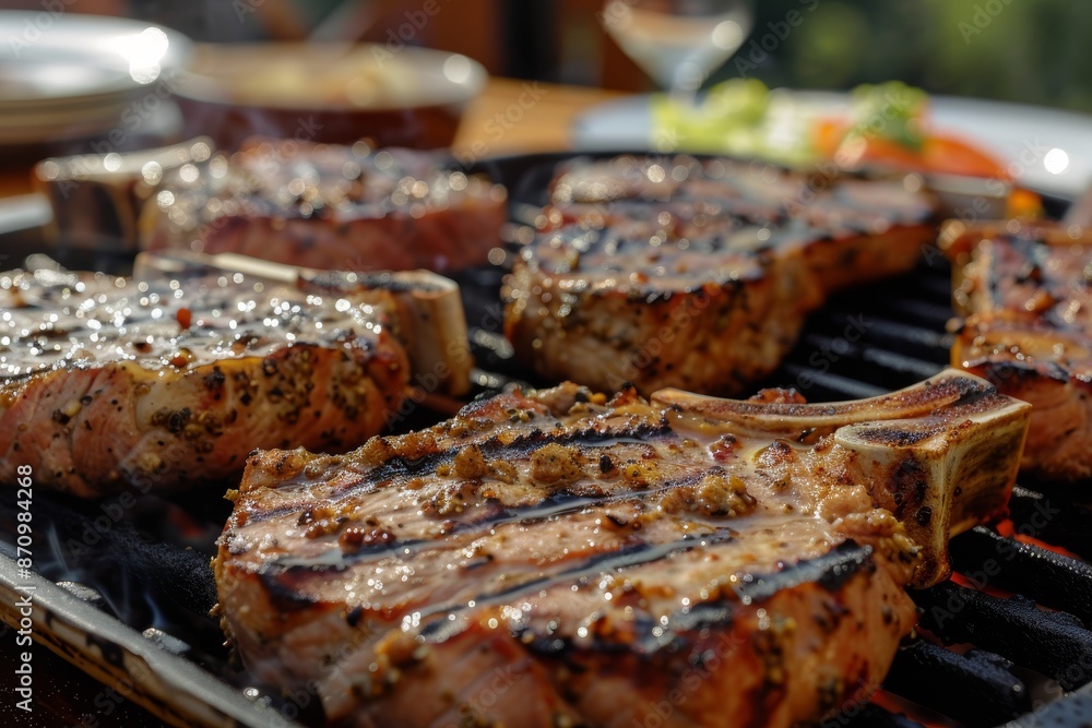Perfectly Grilled Pork Chops with Seasoning in a Rustic Outdoor Dinner Setting Perfectly Grilled Pork Chops with Seasoning in a Rustic Outdoor Dinner Setting
