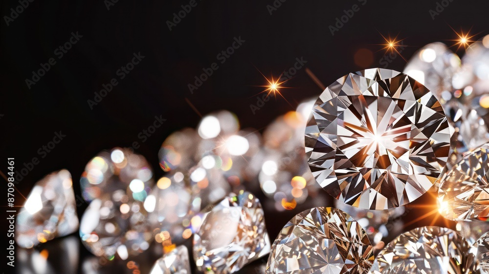 Fototapeta premium Sparkling diamonds on a black background with bright highlights.