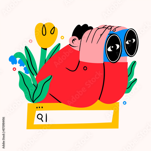 Young man looks through a binoculars on a search bar with flowers. Searching, finding, web surfing, looking for opportunities concept. Hand drawn Vector illustration. Isolated design element