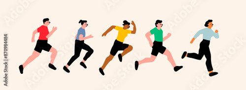 Set of Running people. Cartoon flat style. Cute isolated characters. Sport, jogging, rush, race, ambition, success aspiration, hurrying to goal, marathon concept. Hand drawn Vector illustration
