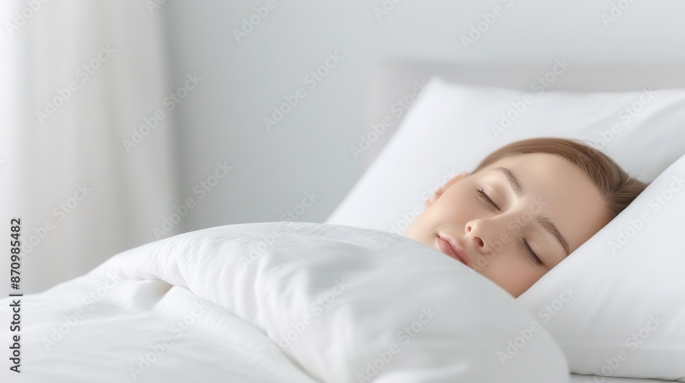 A baby peacefully sleeps in a white blanket on a bed. A baby peacefully sleeps in a white blanket on a bed.