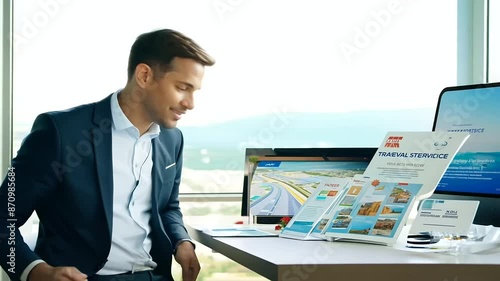 travel agent presenting a variety of travel tickets, with an organized desk and a professional blurry background, promoting travel services in a commercial setting photo