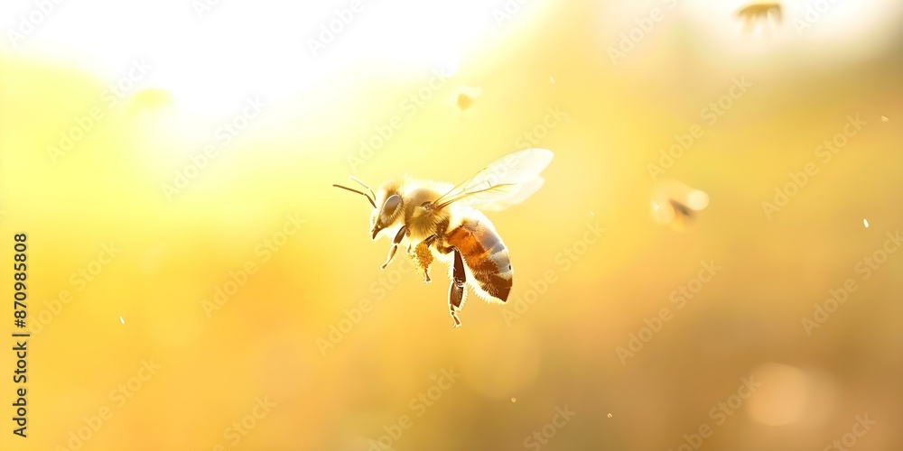 A solitary bee with pollen in flight under a golden glow with companions nearby. Concept Nature Photography, Insects, Flight, Pollination, Golden Light A solitary bee with pollen in flight under a golden glow with companions nearby. Concept Nature Photography, Insects, Flight, Pollination, Golden Light