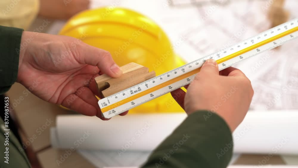 Video of engineer with yellow helmet on table use scale ruler to ...