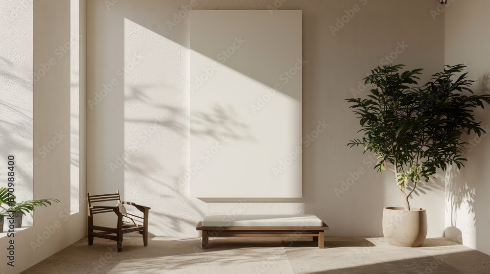 Fototapeta premium empty wall with blank canvas for wall art mockup template, copy space, product concepts. interior design