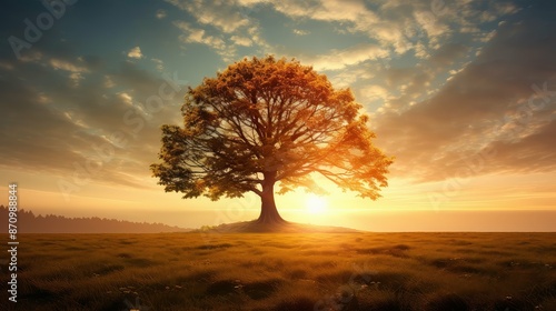 majestic tree in field with sun photo