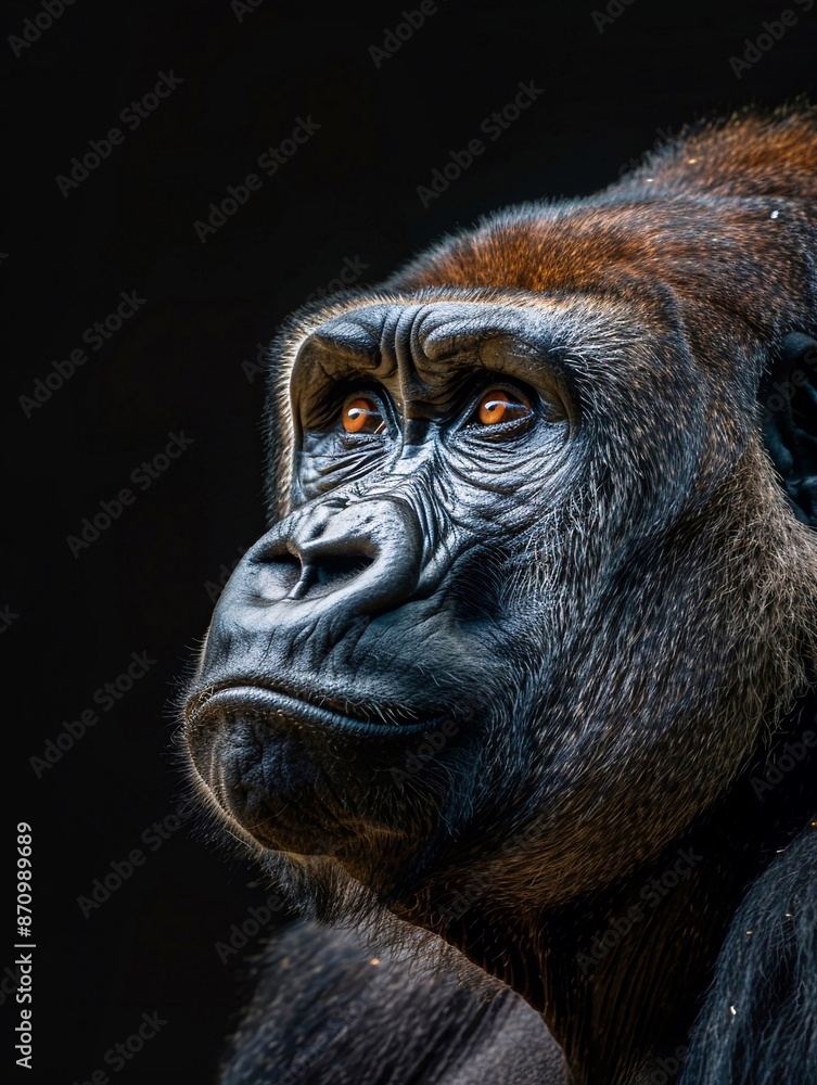 Ripresa frontale di un gorilla. Sfondo elegante nero Ripresa frontale di un gorilla. Sfondo elegante nero