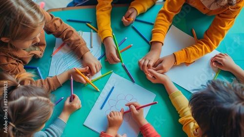 Mani di bambini che disegnano con matite colorate photo