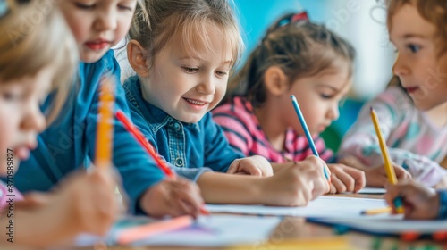 Bambini dell'asilo che disegnano in classe photo