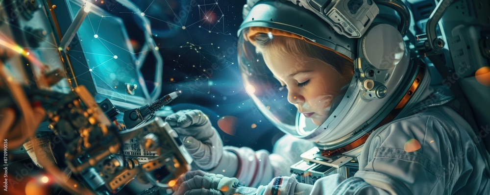 Young astronaut exploring spacecraft controls, highlighting the wonders of space exploration and technology. Inspired future space missions. Young astronaut exploring spacecraft controls, highlighting the wonders of space exploration and technology. Inspired future space missions.
