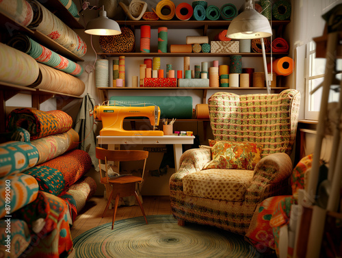 A Cozy Corner of a Tailor Shop with Vintage Sewing Machine and Stacked Fabric Rolls