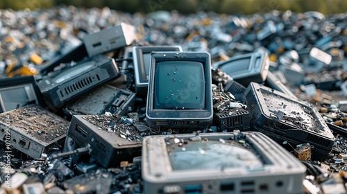 Realistic photo of e-waste disposal site, with piles of discarded electronic devices like computers, smartphones, and televisions, highlighting the growing e-waste problem. , Minimalism,