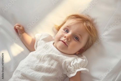 Bambina di 3 mesi, con i capelli dorati, occhi azzurri, vestito con abitino bianco sdraiato sul letto. photo