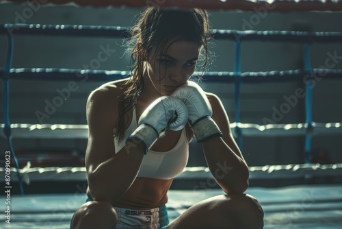 Female Boxer Focused in Boxing Ring Corner with Coach: Determined Athletic Training Scene