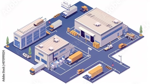 Illustrazione isometrica di un sistema logistico con magazzini e centri di distribuzione interconnessi