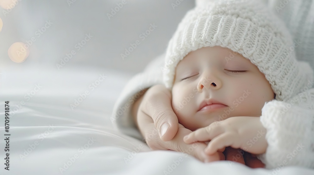 Adorable baby sleeping peacefully in a white knitted hat. Adorable baby sleeping peacefully in a white knitted hat.