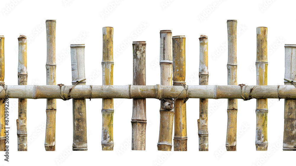 Obraz premium Rustic bamboo fence section isolated on white background, showcasing natural material and traditional construction methods.