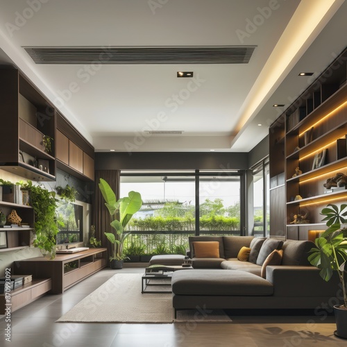 Wallpaper Mural Modern living room with large windows and indoor plants Torontodigital.ca