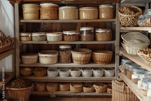 Different types of beans and cereals in wooden baskets on a shelf