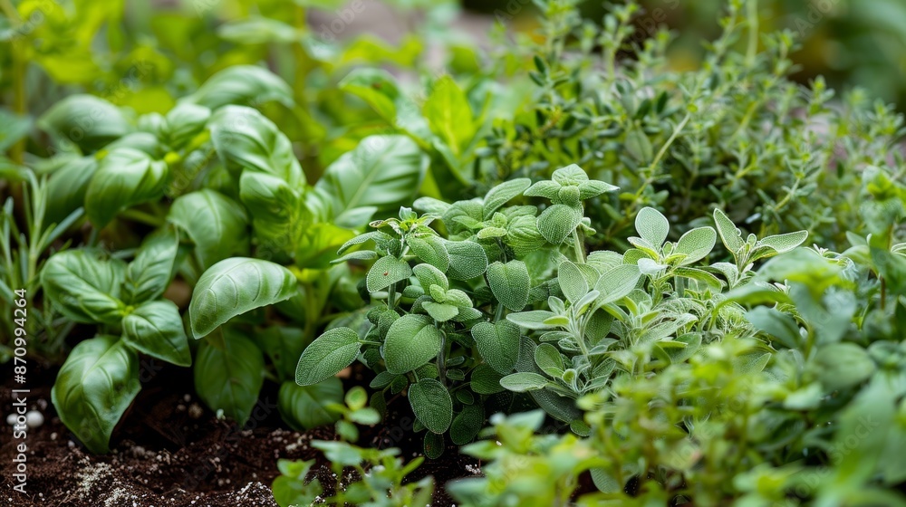 Organic Herbs Growing in Garden Bed - Basil, Rosemary, Thyme for Culinary and Medicinal Use Organic Herbs Growing in Garden Bed - Basil, Rosemary, Thyme for Culinary and Medicinal Use