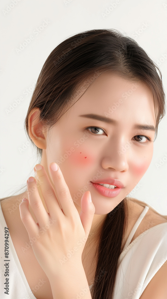 Dermatology asian young woman allergy, allergic reaction from atopic, insect bite, scratching itchy back of hand, red spot or rash of skin. Healthcare treatment of beauty. Isolated on white background Dermatology asian young woman allergy, allergic reaction from atopic, insect bite, scratching itchy back of hand, red spot or rash of skin. Healthcare treatment of beauty. Isolated on white background
