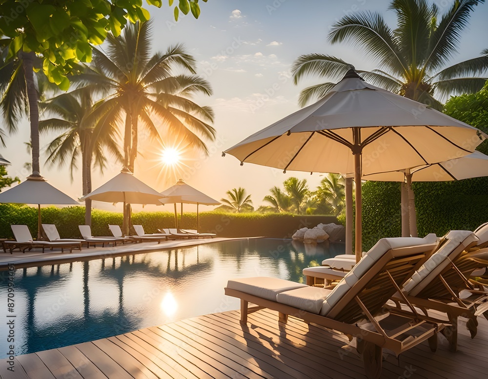 Fototapeta premium Beautiful pool and reclining seats with relaxing ambiance in the Caribbean region 